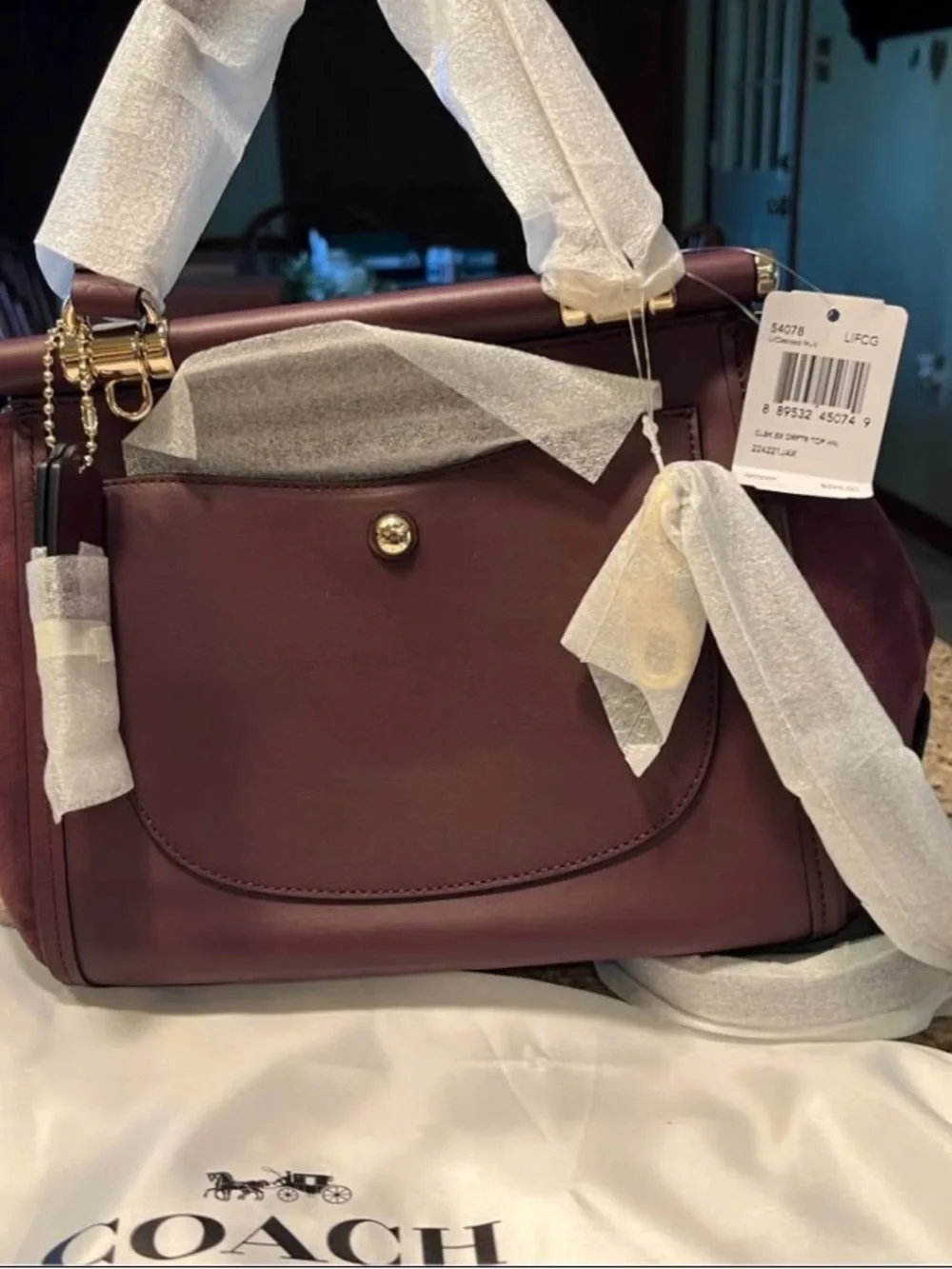 Coach Plum Leather Top-Handle Satchel with Pink Python Accent and Gold Hardware